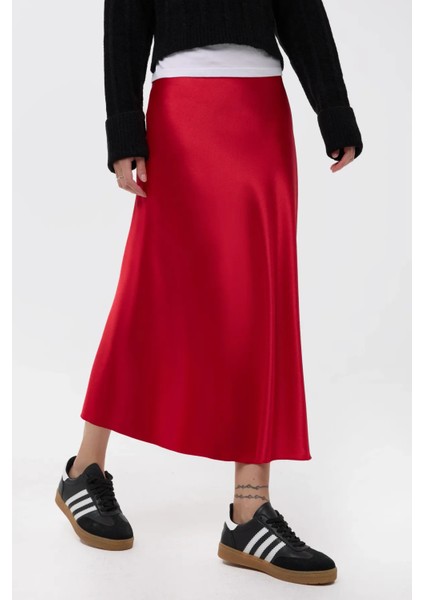 Kadın Yüksek Bel Saten Midi Etek Red fiyatları