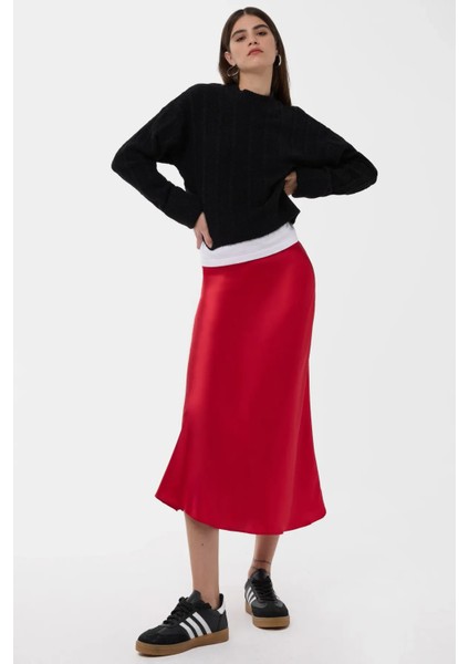 Kadın Yüksek Bel Saten Midi Etek Red modelleri