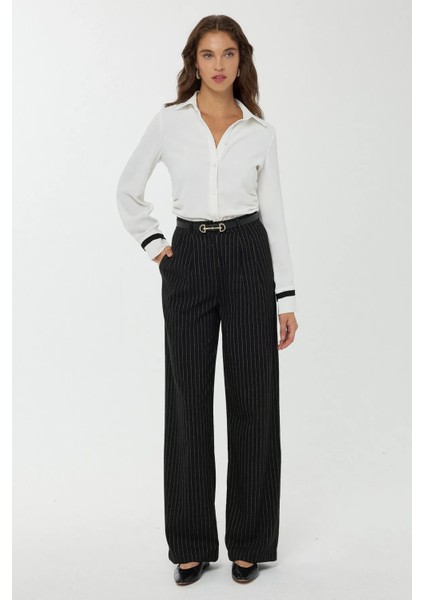 Kadın Yüksek Bel Şeritli Düz Paça Pantolon Black