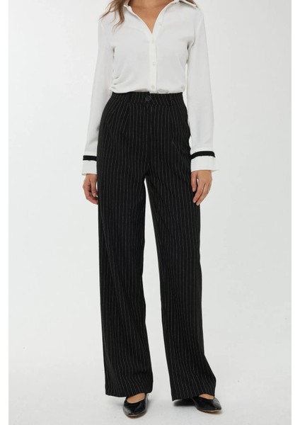 Kadın Yüksek Bel Şeritli Düz Paça Pantolon Black fırsatları