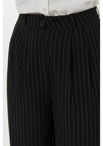 Kadın Yüksek Bel Şeritli Düz Paça Pantolon Black indirimleri
