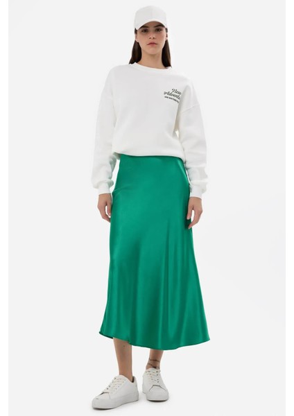 Kadın Yüksek Bel Saten Midi Etek Green