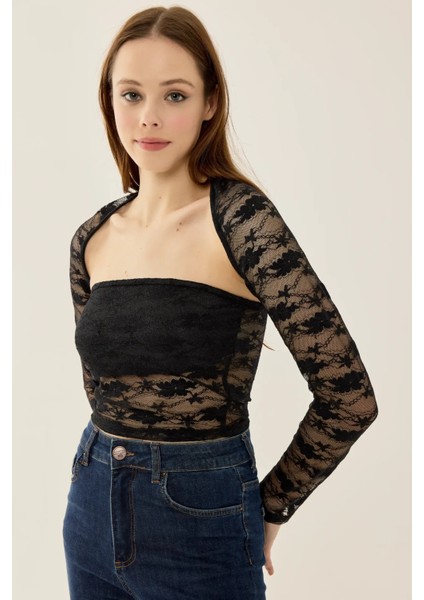 Kadın Dar Kesim Uzun Kollu Dantel Üst Siyah fiyatları