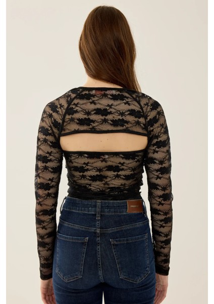 Kadın Dar Kesim Uzun Kollu Dantel Üst Siyah fırsatları