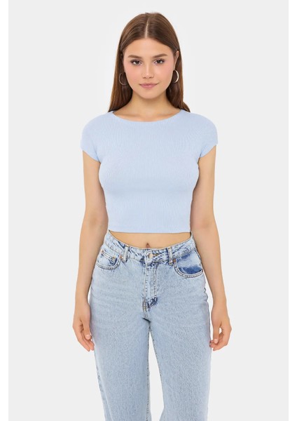 Kadın Temel Yuvarlak Yaka Kısa Kollu Crop Top Blue