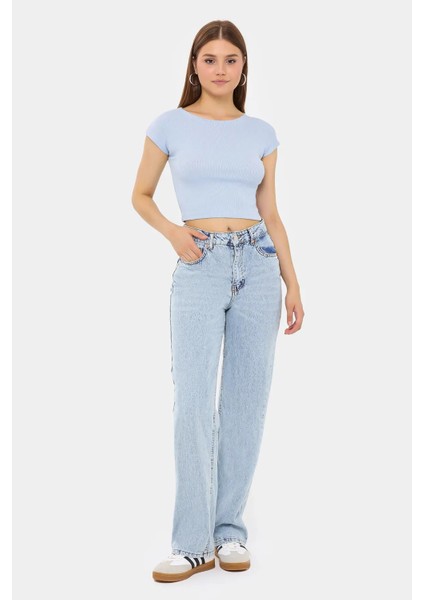 Kadın Temel Yuvarlak Yaka Kısa Kollu Crop Top Blue fiyatları