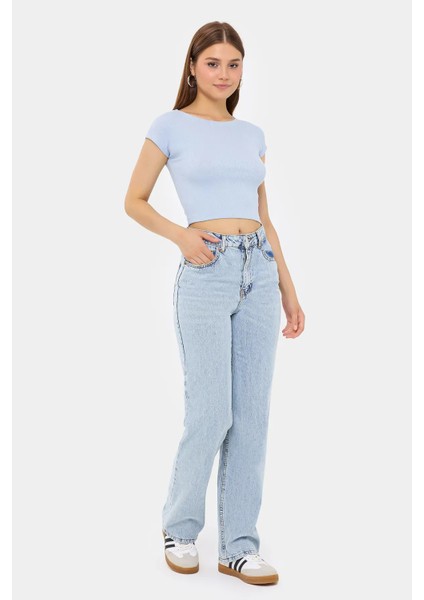 Kadın Temel Yuvarlak Yaka Kısa Kollu Crop Top Blue modelleri