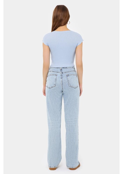 Kadın Temel Yuvarlak Yaka Kısa Kollu Crop Top Blue fırsatları