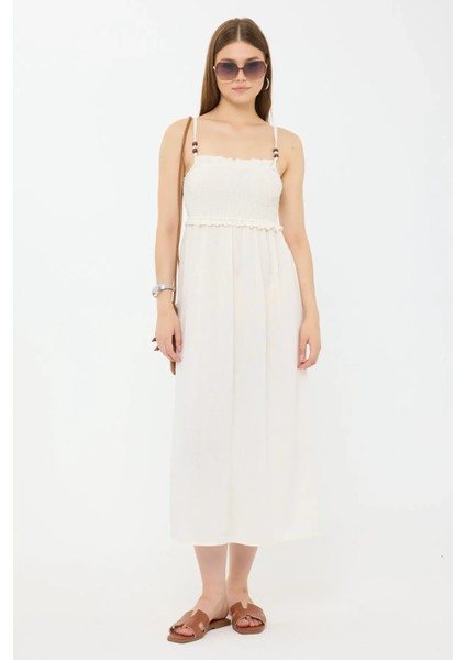 Kadın Sıkmalı İnce Askılı Midi Elbise Natural