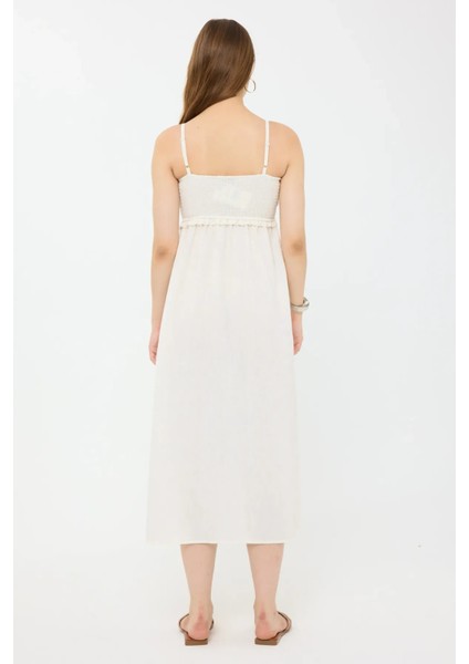 Kadın Sıkmalı İnce Askılı Midi Elbise Natural fırsatları