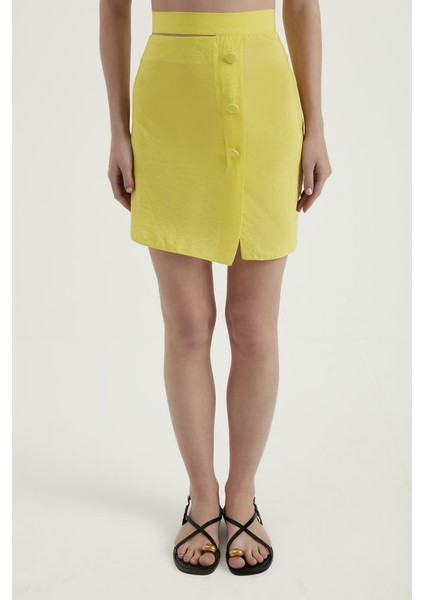 Kadın Düğmeli Yan Detaylı Yüksek Bel Mini Etek Yellow