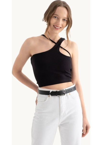 Kadın Tek Omuz Askısız Basic Crop Top Black