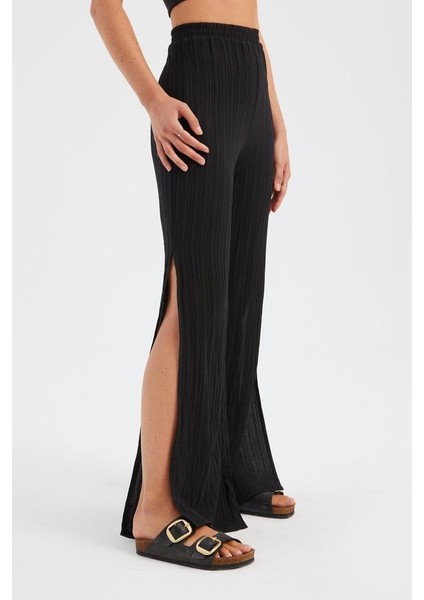 Kadın Yüksek Bel Yan Kesimli Satende Büzgülü Bol Paça Pantolon Black modelleri