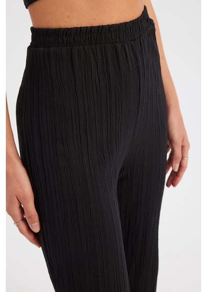 Kadın Yüksek Bel Yan Kesimli Satende Büzgülü Bol Paça Pantolon Black fırsatları