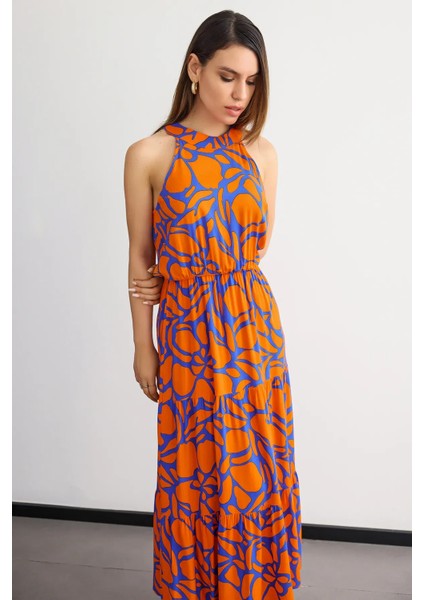 Kadın Çiçek Desenli Boyundan Bağlamalı Maxi Elbise Orange fiyatları