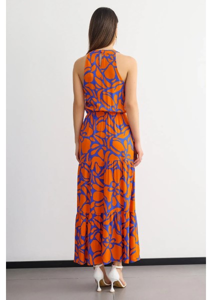 Kadın Çiçek Desenli Boyundan Bağlamalı Maxi Elbise Orange fırsatları