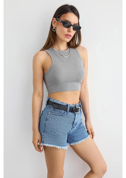 Kadın Temel Dokuma Bisiklet Yaka Tank Üst Grey