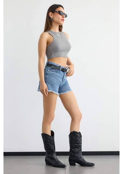 Kadın Temel Dokuma Bisiklet Yaka Tank Üst Grey modelleri