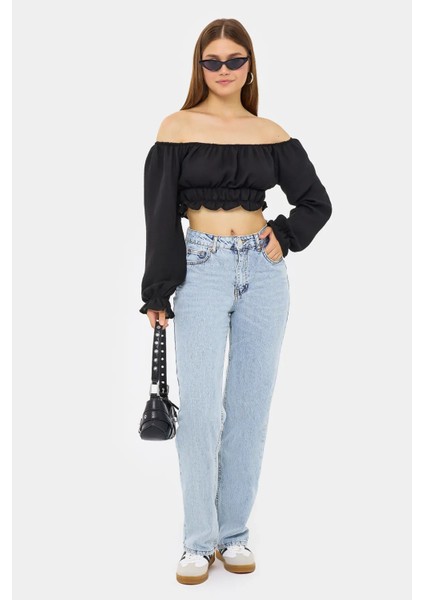 Kadın Omuzdan Askılı, Uzun Kollu ve Pilili Detaylı Keten Kısa Üst Black