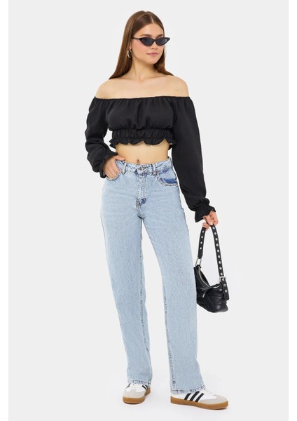 Kadın Omuzdan Askılı, Uzun Kollu ve Pilili Detaylı Keten Kısa Üst Black modelleri