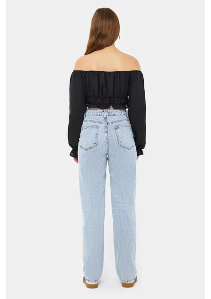 Kadın Omuzdan Askılı, Uzun Kollu ve Pilili Detaylı Keten Kısa Üst Black fırsatları