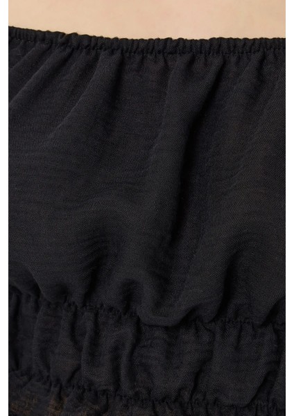 Kadın Omuzdan Askılı, Uzun Kollu ve Pilili Detaylı Keten Kısa Üst Black indirimleri