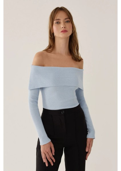 Kadın Omuz Açık Madonna Yaka Triko Üst Maya Mavisi