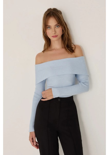 Kadın Omuz Açık Madonna Yaka Triko Üst Maya Mavisi fiyatları