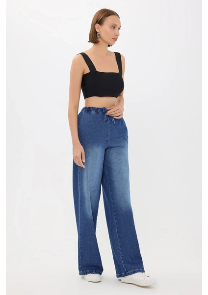 Kadın Yüksek Bel Fermuarlı Denim Pantolon Peygamber Çiçeği Mavisi modelleri