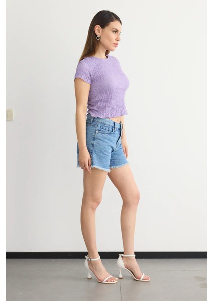 Kadın Dokuma Kumaşlı Yuvarlak Yaka Kısa Kollu Kırpılmış Üst Purple modelleri