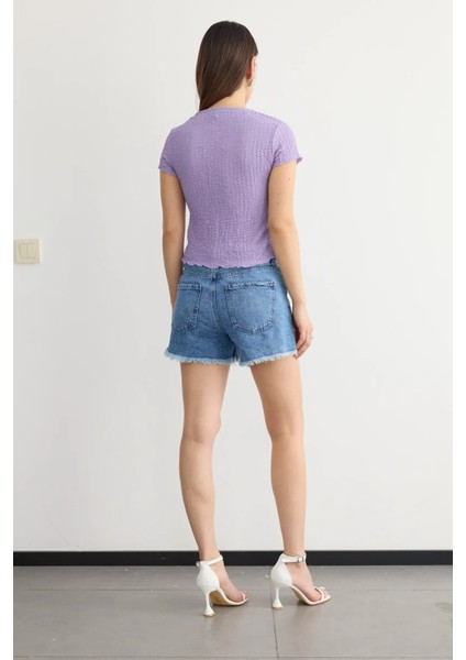 Kadın Dokuma Kumaşlı Yuvarlak Yaka Kısa Kollu Kırpılmış Üst Purple fırsatları
