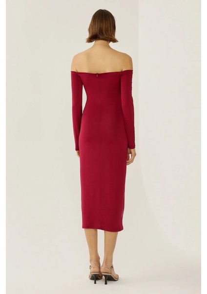 Kadın Açık Omuzlu Midi Elbise Red