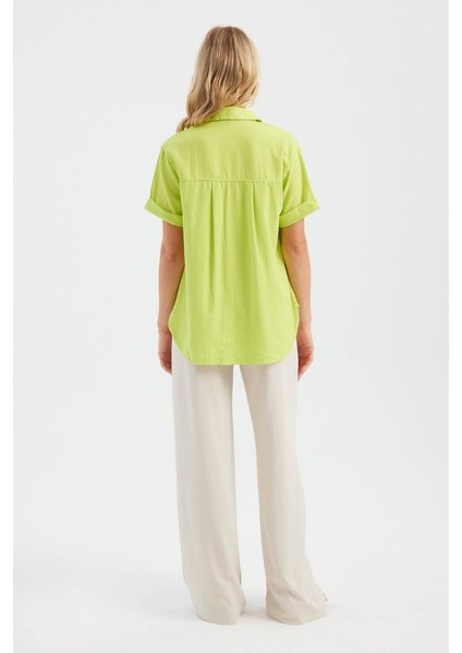 Kadın Düz Cepli Kısa Kollu Temel Gömlek Limon Yeşili indirimleri