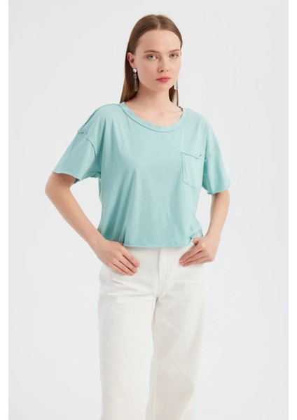 Kadın Temel Dokuma Yuvarlak Yaka Kısa Kollu T-Shirt Mavi