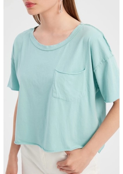 Kadın Temel Dokuma Yuvarlak Yaka Kısa Kollu T-Shirt Mavi indirimleri