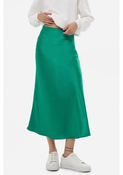Kadın Yüksek Bel Saten Midi Etek Çam Yeşili fiyatları