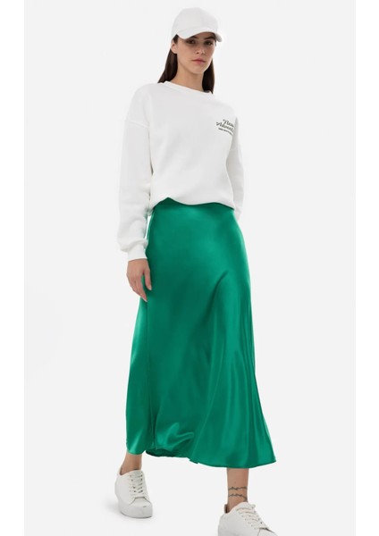 Kadın Yüksek Bel Saten Midi Etek Çam Yeşili modelleri