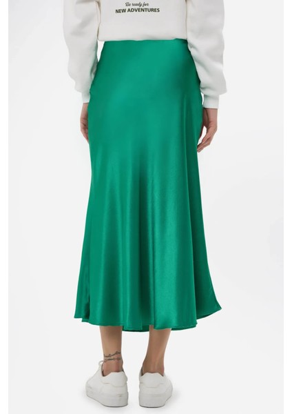 Kadın Yüksek Bel Saten Midi Etek Çam Yeşili indirimleri