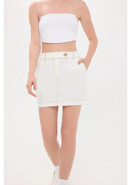 Kadın Yüksek Bel Dikiş Detaylı Mini Etek White