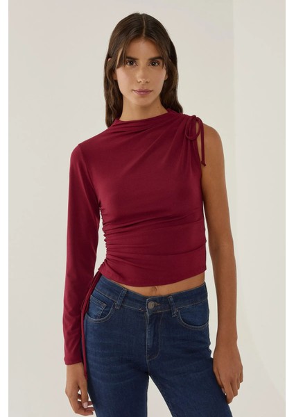 Kadın Büzgü Detaylı Tek Omuz Kısa Bluz Red