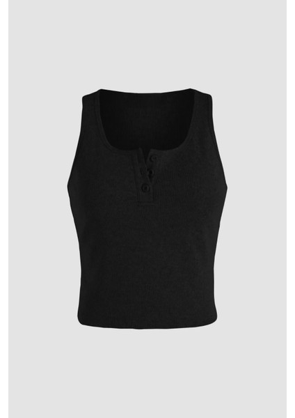 Kadın Düğme Detaylı Crop Üst Black