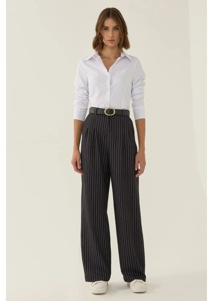 Kadın Yüksek Bel Çizgili Düz Paça Pantolon Siyah