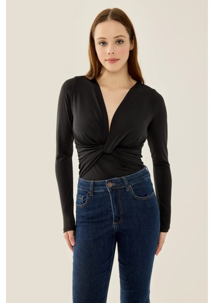Kadın V Yaka Uzun Kollu Slim Fit Bodysuit Black