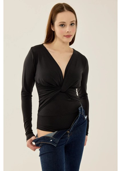 Kadın V Yaka Uzun Kollu Slim Fit Bodysuit Black fiyatları