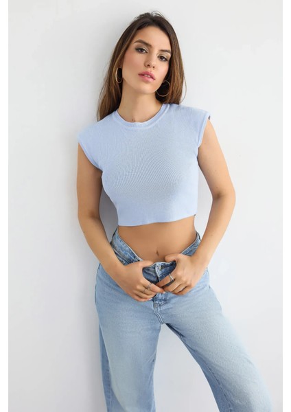 Kadın Fitilli Kısa Kol Kesik Üst Blue
