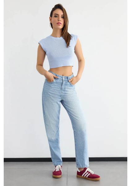 Kadın Fitilli Kısa Kol Kesik Üst Blue fiyatları