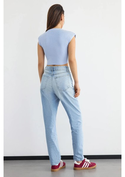 Kadın Fitilli Kısa Kol Kesik Üst Blue fırsatları