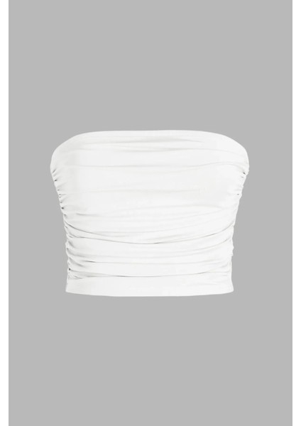 Kadın Askısız Drapeli Crop Top White