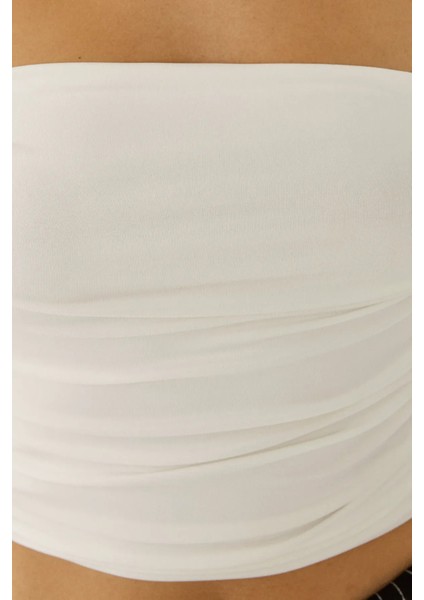 Kadın Askısız Drapeli Crop Top White