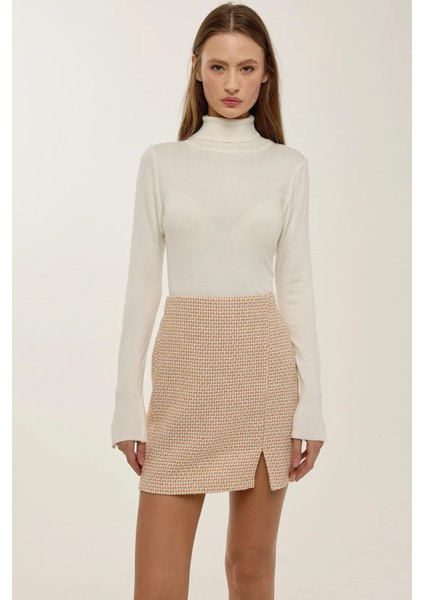 Kadın Yırtmaçlı Düz Mini Etek Yellow